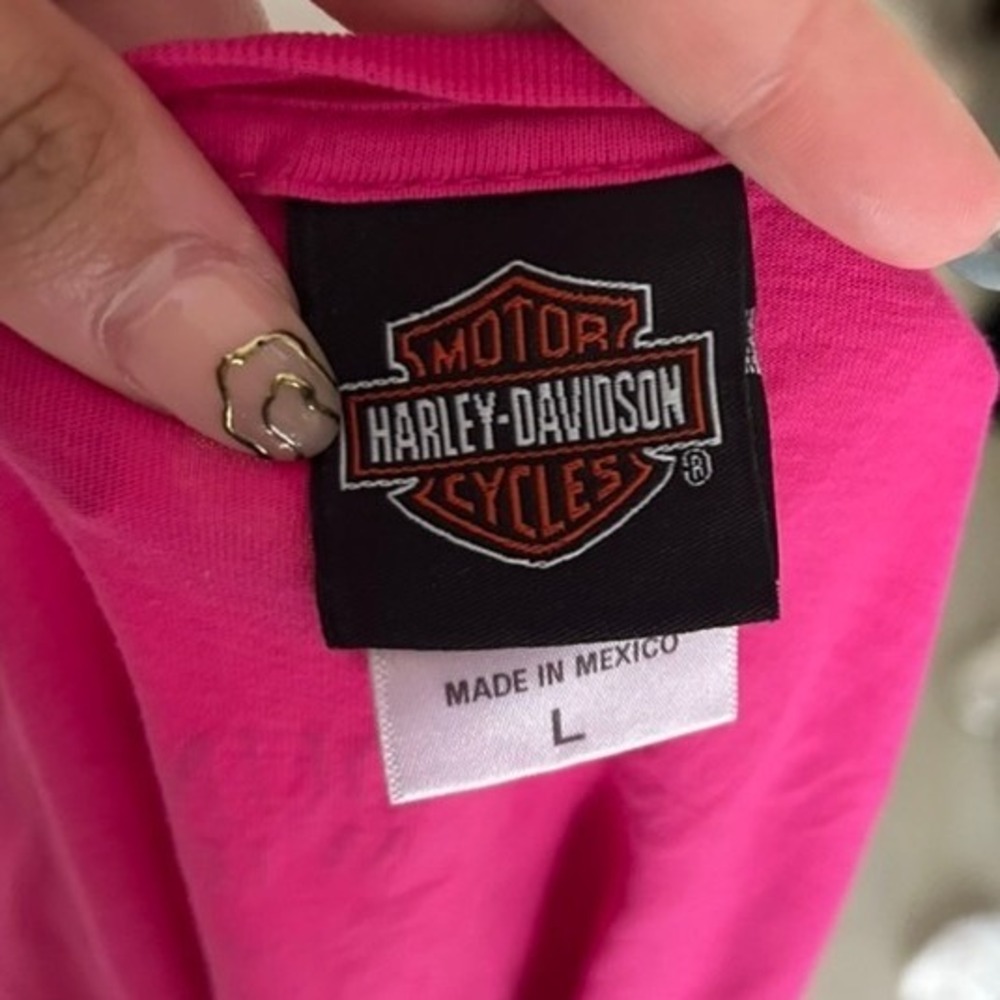 Harley-Davidson V-Neck T-Shirt Large Pink Script Logo Graphic Tee - Picture 5 of 5